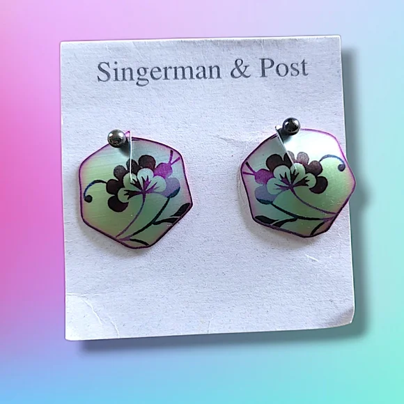 Singerman & Post | NWOT Handcrafted Green/Purple Floral Post Earrings - Picture 1 of 4